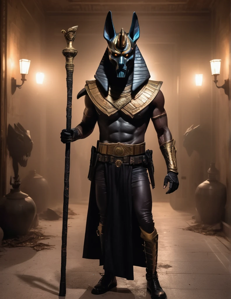 a man dressed as realistic walking dead Anubis halloween costume design, intimidating psychopathic man, anubis mask, dark energy, black costume, holding a staff, full body highly detailed, cinematic lighting, dramatic atmosphere party entrance, photorealistic, 8K, masterpiece