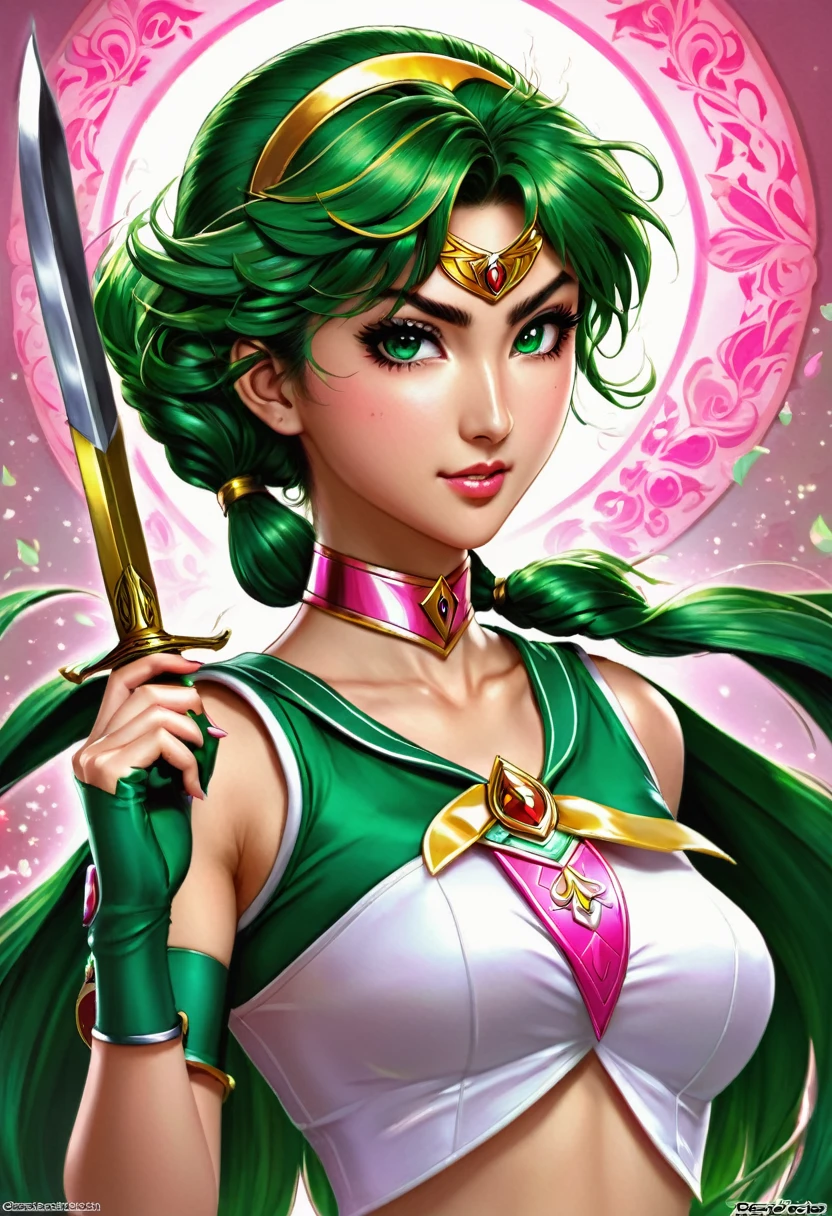 una Women con una falda verde y un top rosa sosteniendo un cuchillo, an anime drawing of Kamagurka, Deviantart, fantasy art, Sailor Jupiter. beautiful, Extremely detailed artistic germ, palutena lady, portrait, Knights of the Zodiac, Women, Detailed key anime art, portrait de Women mágica, murata and artgerm range, highly detailed official artwork