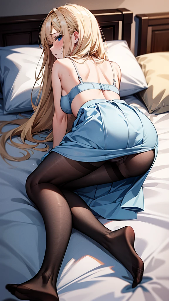 A line skirt,blond hair,SFW:2.0,light blue bra,On the bed,Turn around, subjective,All fours,back:1.5,swet pantyhose,wet:1.5,open legs,panty drop