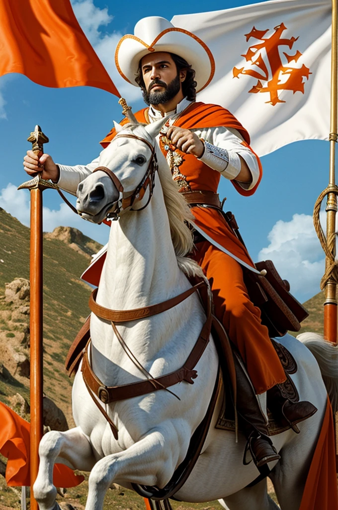 Image of the apostle Santiago with a white and orange cape on his white horse, musketeer hat with orange and white feathers, with his right hand raised gripping his sword, On the side the banner and the cross of the Apostle Santiago as its logo, galloping, very artistic, in high definition