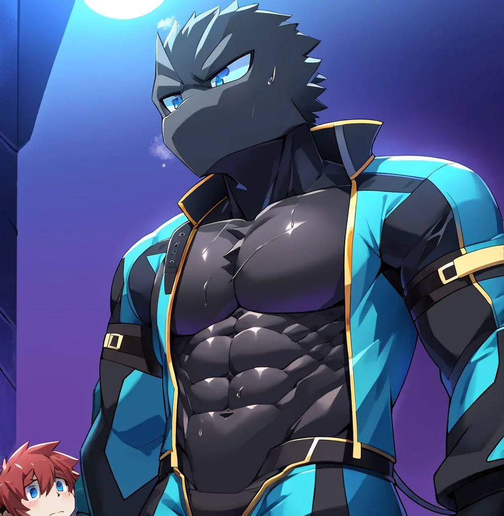 Thin macho western black dragon abs Hollow abs body suit thick arms chest rig 、sweaty skin glow profile Wearily short of breath Chemo shota
have a blue eyes Tired look jacket