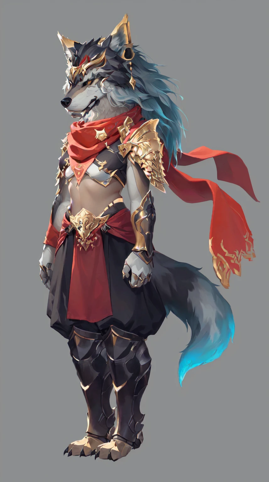 Close-up of a person wearing a costume with a wolf, Fox-inspired armor, detailed Whole body concept, Whole body concept, Female anthropomorphic wolf, detailed Whole body concept art, Anthropomorphic wolf man, Anthropology Concept Art, Concept art style, Wolf Armor, Full body character concept, Furry Characters, Detailed character art