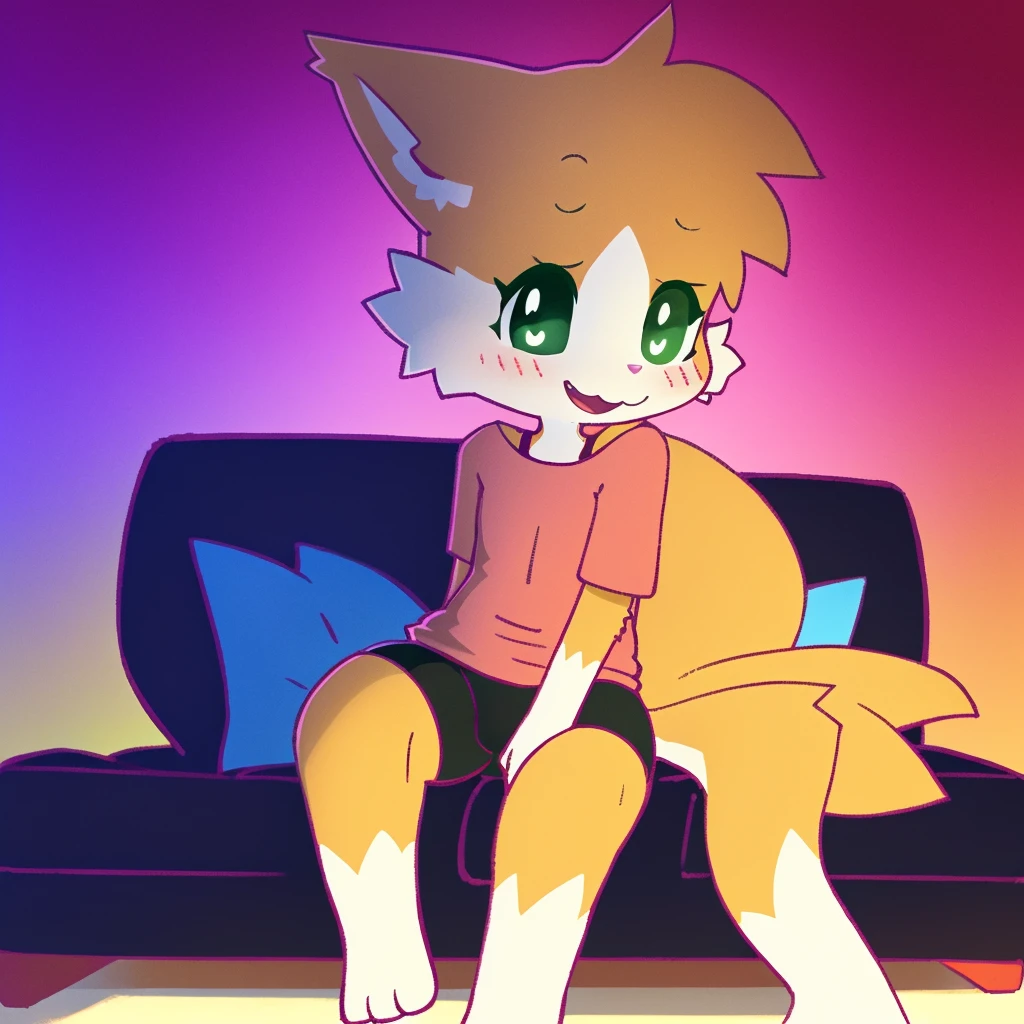 art by dagasi, (solo:1.5), Best Quality, Masterpiece, (Absurdres:), Detailed, Ultra-Detailed, Digital Art, correct anatomy, arms in correct position, full body, (high quality, high res, 4k:1.2), (???:1.5), (small, youthful), rolo, furry, small, (??? female:1.5), fluffy, light orange fur, green cat eyes, (beautiful eyes), juicy thighs, fluffy tail, eyelashes, wearing a pink t-shirt, (black bra straps), lycra shorts, Rolo sitting on a sofa, watching TV, legs crossed, cowgirl girl pose, both hands on crotch, in a carefree pose, smiling at the viewer with joy and embarrassment, blushing