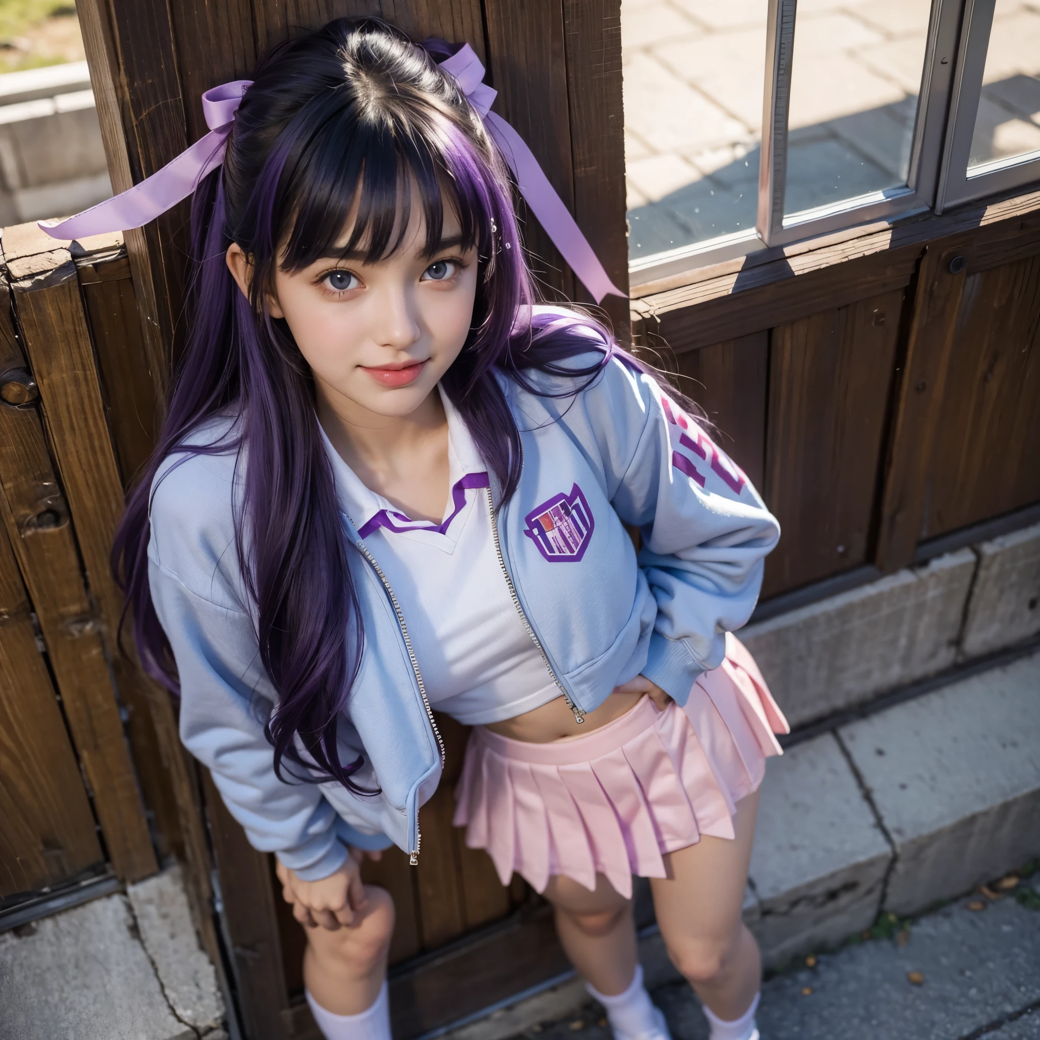 Best Quality,,smile,Ribbon on uniform,mini skirt,high school girl,Several girls are depicted,Harem,Track jacket,photo shoot,Long Hair,Highest quality,Big Breasts,Happy girl,Horny girl,blue eyes,Perfect Face,Standing posture,I have my hands in my pockets,Gravure idol,model,She has her bangs down,Smooth hair,Purple Hair,Hyper Realistic Stick,Naughty Girls,Beautiful girls,beautiful girl,loose socks