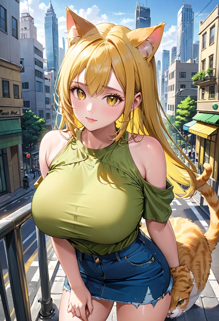 (( straight face picture )) ((best quality)), ((Masterpiece)), (details), Young woman ,cat ears ,yellow hair , beautiful girl hair , according to green ,Yellow open-shoulder shirt outfit , jeans skirt , has a tail, big breasts, ,city