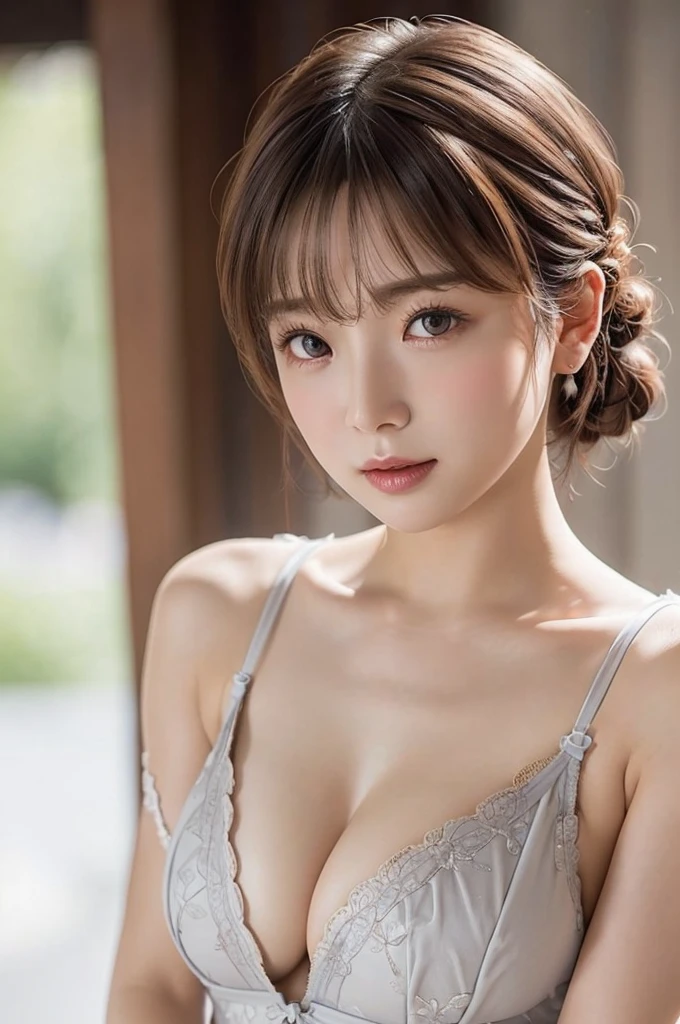 Highest quality、8K masterpiece、Ultra-high resolution、(Realistic:1.3)、RAW Photos、1 Girl、Silvery white bun hair:1.4、Glowing Skin、1. Open-chested clothing、((Medium bust:1.5))、((Ultra-Realistic Details))、Portraiture、Global Illumination、Shadow、Octane Rendering、、Ultra Sharp、Beautiful breasts、Bare skin exposed in the cleavage、City Background、Warm colors、、Very intricate detail、Realistic Light、CGSoation Trend Beautiful Eyes、Eyes shining at the camera、Neon Details、Korean Idols、Shining light gray eyes、、Small and shapely、Prostitute、((Butterfly Camisole))、((Show me the milk))
