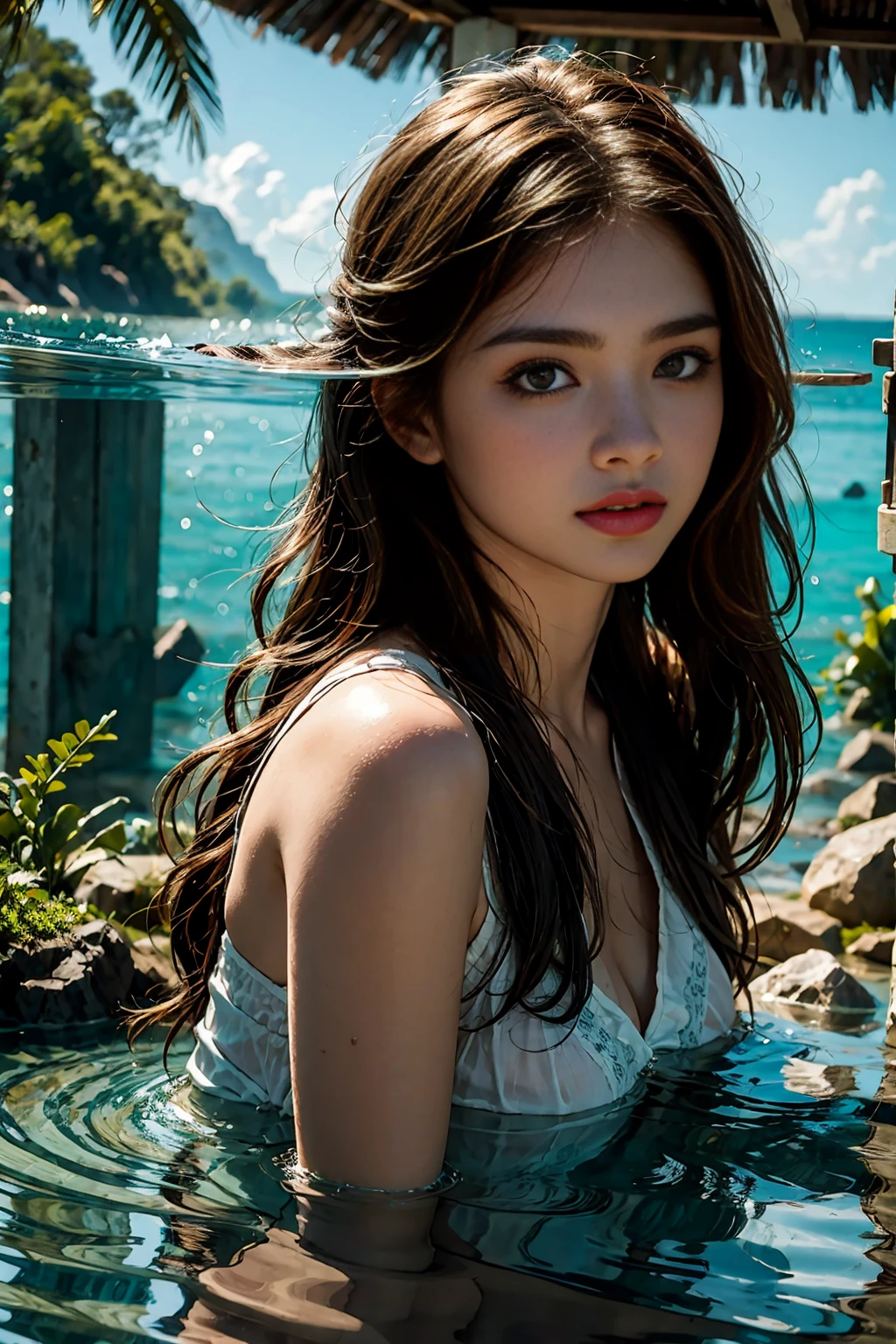 a shark girl:1.4, beautiful detailed eyes, beautiful detailed lips, extremely detailed face and features, long eyelashes, underwater ocean scene, coral reef, colorful tropical fish, sunlight filtering through the water, serene peaceful atmosphere, magical realism, vibrant colors, photorealistic, 8k, best quality, high resolution, cinematic lighting, intricate details