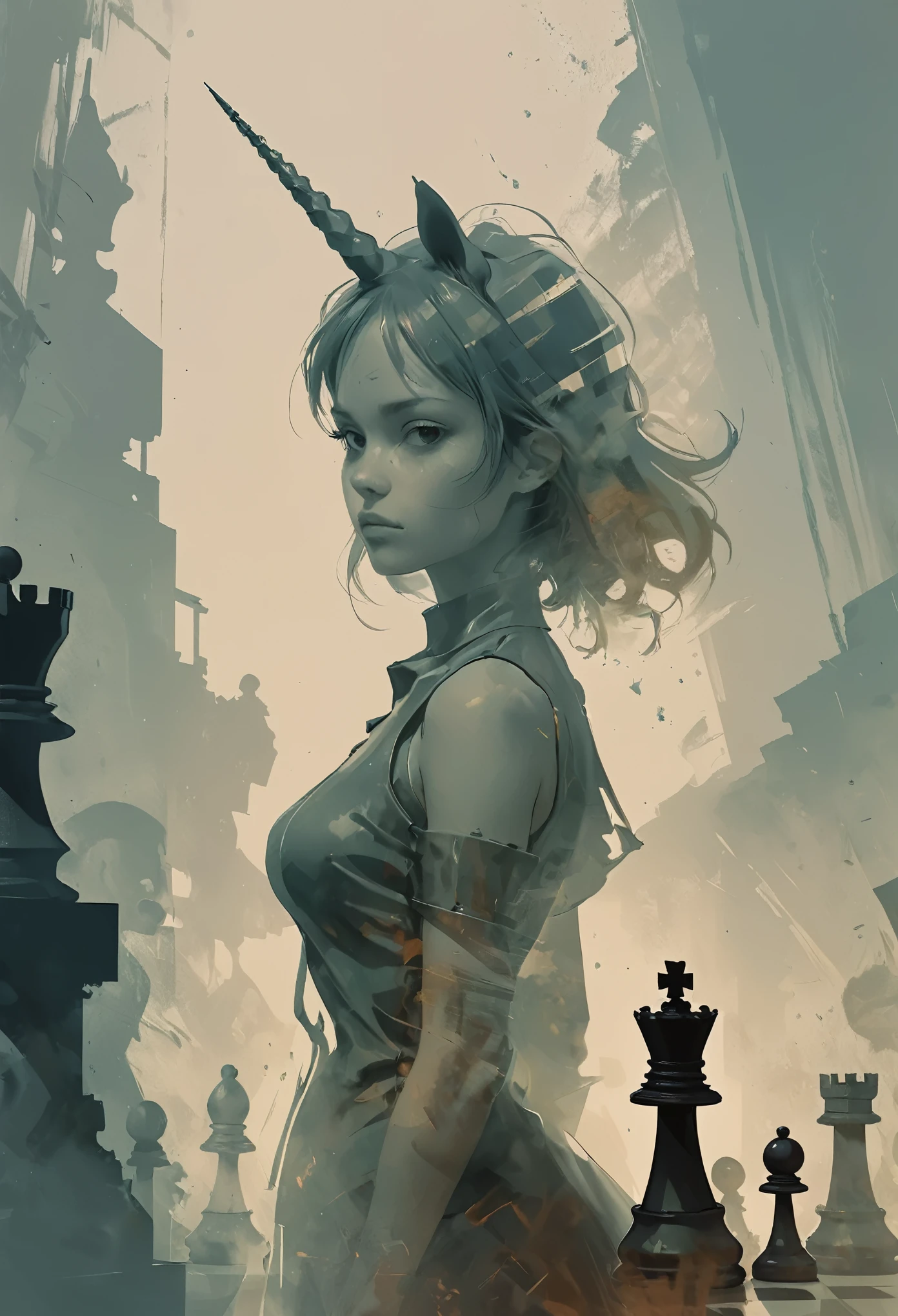 (in style of Ashley Wood:1.4),in style of Santiago Caruso, (double exposure:1.8),1girl，独奏, queen \(chess\),,unicorn horn，metal spiral sharp corners,Diffuse gradient，Ultra-wide color gradation dispersion，