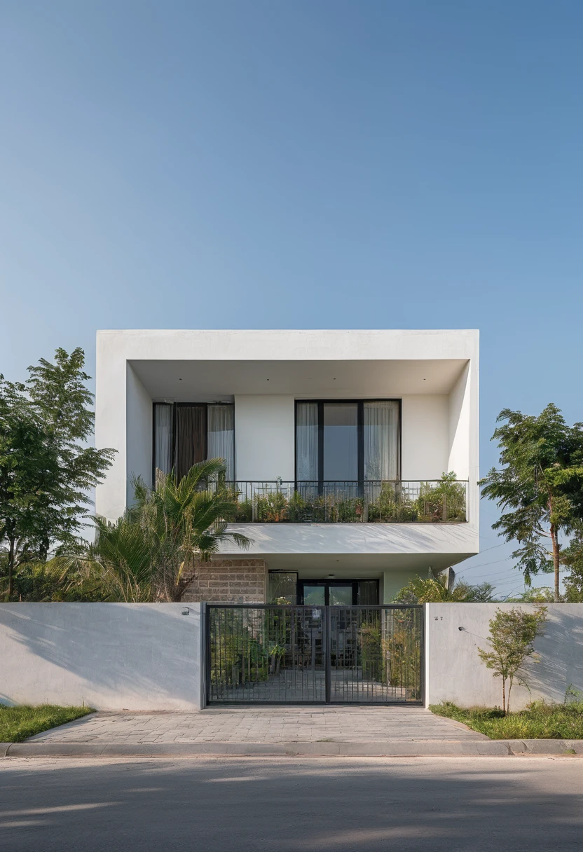 Raw photo,Masterpiece, high quality, best quality, authentic, super detail,
exterior, outdoors,Tuonghoagio,house, modern stytle, on the street,wind flower wall, glass windows, white wall,gate, metal railing
road,pavement, grass, trees, sky, (day:1.1)