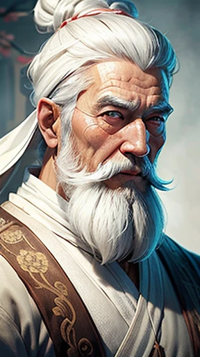 Oriental、Old man in plain white ancient Chinese costume、Ancient Chinese hairstyle old man、Highest quality、masterpiece、Ultra-high resolution、(Realistic:1.4)、Game Poster、Crisp and beautiful image quality、Gray Hair、white and long beard,,、Embroidered cloth wrapped around a topknot、