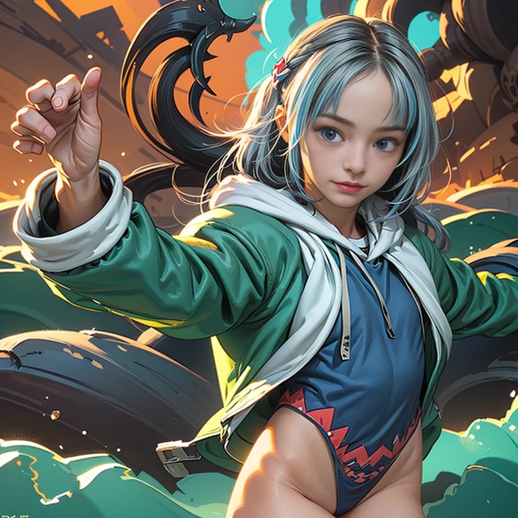 ((gawr gura, gura hoodie ,blue hoodie, shark hood))、(Light blue eyes_Light blue mesh on gray hair:1.9_Beautiful girl jumping into the sea)、(Correct Anatomy:1.5)、Big splash、Mischievous look、Dramatic Sunset、Detailed face and eyes、Flowing Hair、beautifully detailed costumes、calm ocean landscape、Golden Hour Lighting、Photorealistic、8K、A highly detailed masterpiece