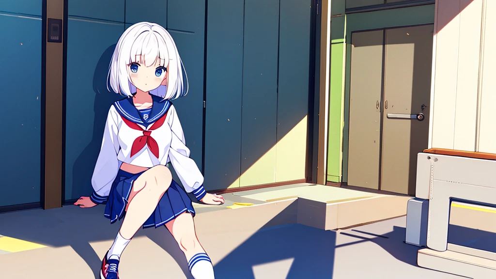 school gymnasium girl
8 years by plan white hair blue eyes white are ((1 person)) White Sailor Uniform Half Sleeve Top Navy blue underbody mini skirt((White panties are visible.)) black socks sneakers stand next to the wall Open your legs a little I can see white panties dynamic angle center of upper body