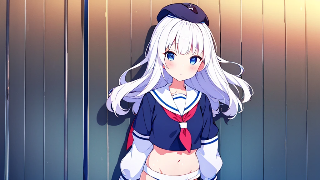 school gymnasium primary school girl
8 years by plan long white hair blue eyes white are ((1 person)) White Sailor Uniform Half Sleeve Top Navy blue underbody mini skirt((White panties are visible.)) black socks sneakers stand next to the wall Open your legs a little I can see white panties dynamic angle center of upper body