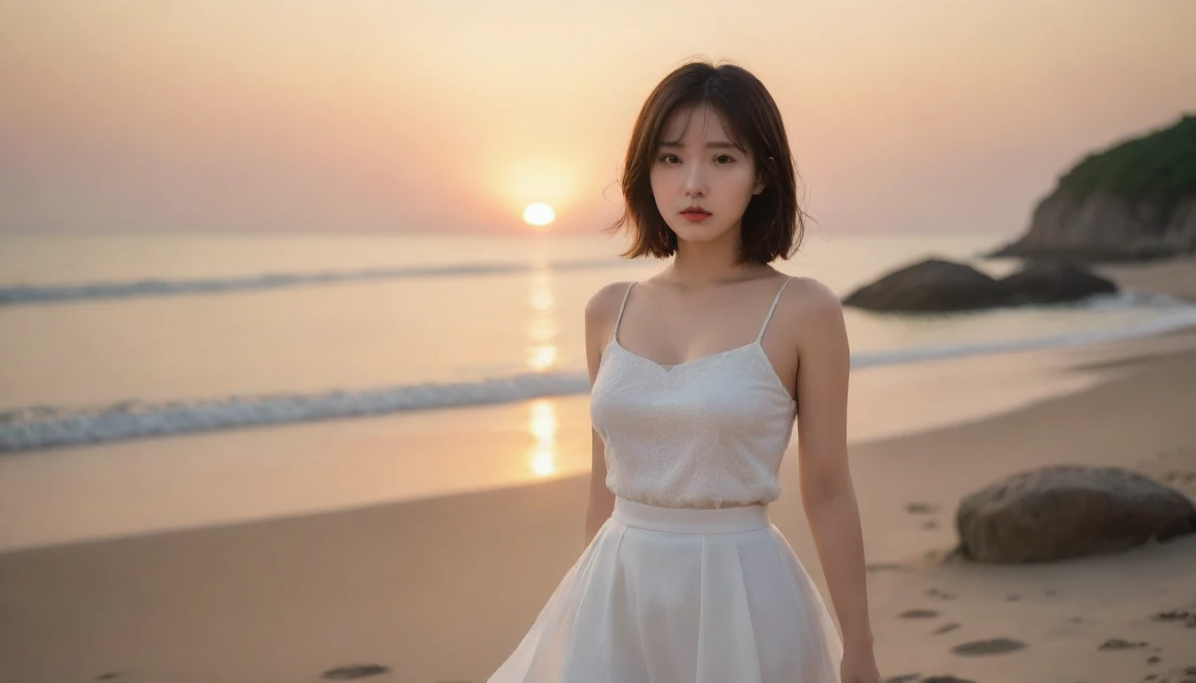 Beautiful Korean Woman, Chest size 34 inches, wear a light dress, Looking at the sea from the beach at sunset. beautiful pretty woman look , wearing a light skirt , burning sunset light, short medium hair, 1 woman, beautiful eyes, With a sad expression, uhd