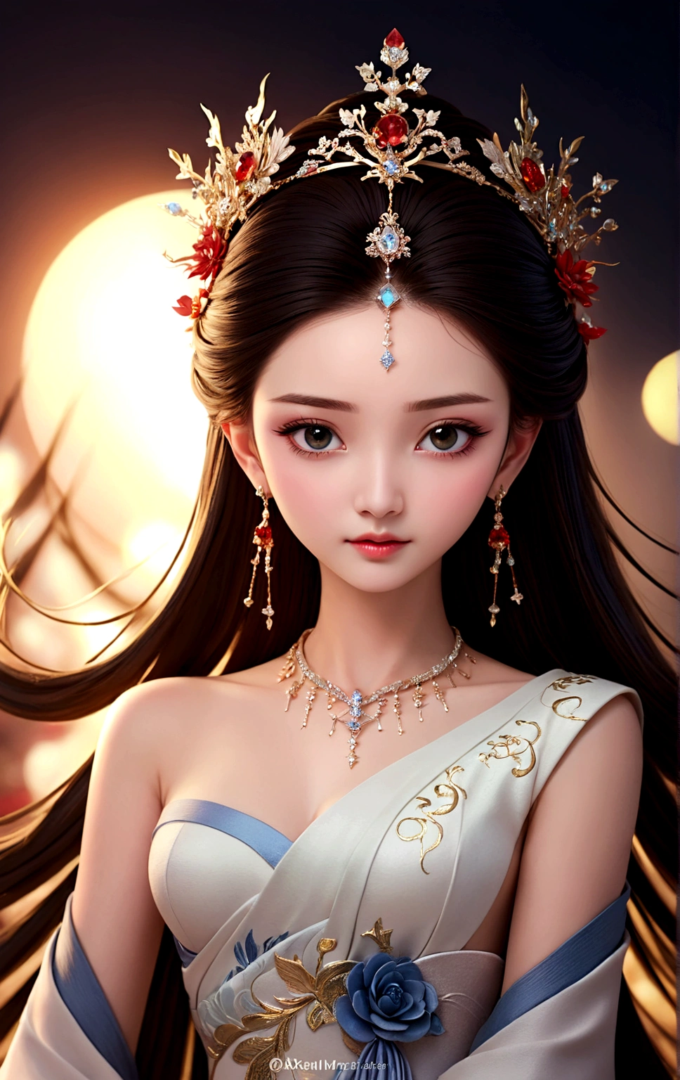 Close-up of a woman in a red dress and gold jewelry，Royal Sister，Superb beauty，a queen，Beautiful and elegant queen, portrait of a queen,  Xianxia, a beautiful fantasy empress, xianxia fantasy, Beautiful young wind spirit, inspired by Li Mei-shu, ((a beautiful fantasy empress)), xianxia hero, 3 d anime realistic, full-body xianxia, Smooth anime CG art