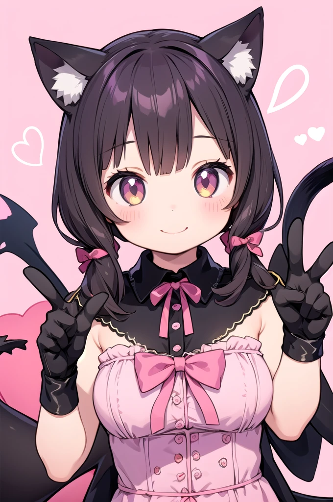 Best quality, masterpiece, maid, cute, double tail, black hair, pink eyes, scary tiger tooth smile