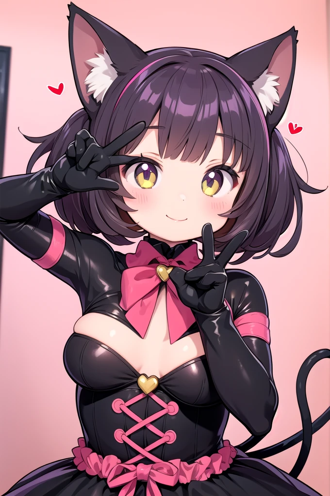 1 Girl,Catwoman,Animal ears,Tail,Looking at the audience,Smile,Peace Sign,Pink cute room,heart item,Ribbon,permanent,Upper Body,