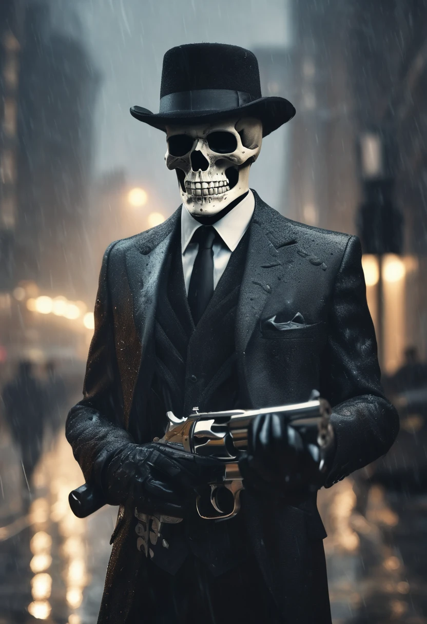 Man dressed in black suit with skull head looking straight ahead with full body