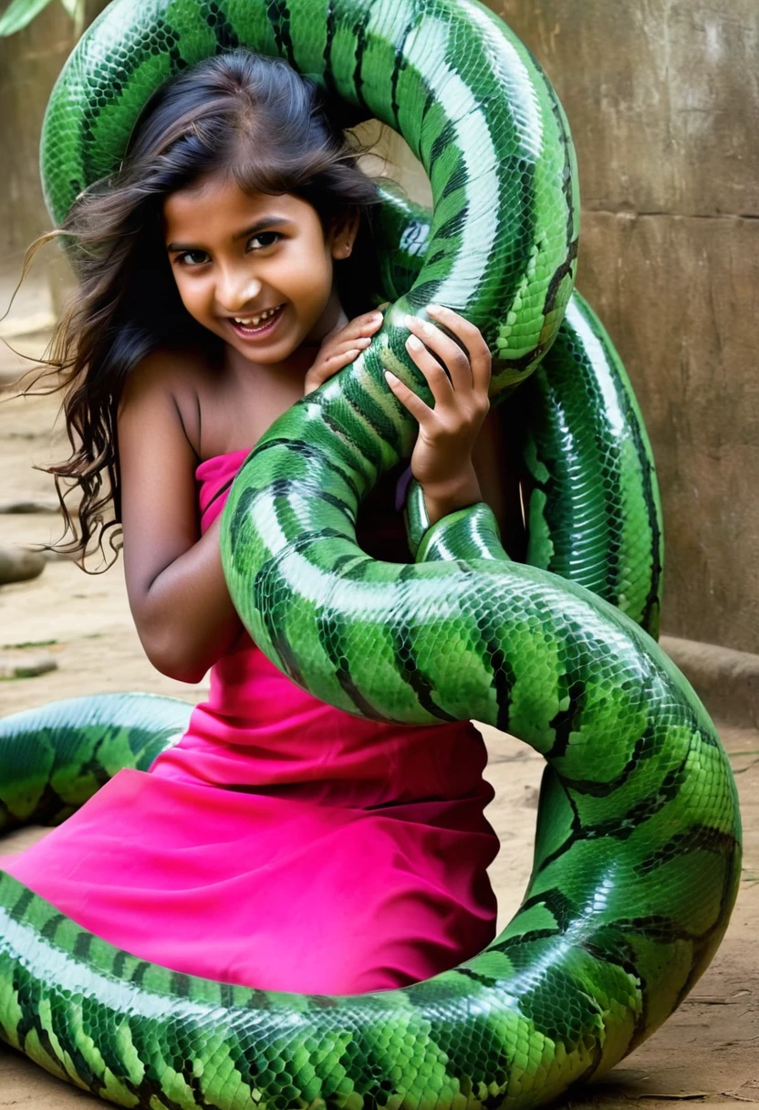 Happy Horny, aroused 1girl), beautiful  Indian  young teen girl with  giant colossal Kaa monster squeezing her hard, wrapped in thick spiraling coils, constricted, struggle, gasping for air, snake attack, snake peril,