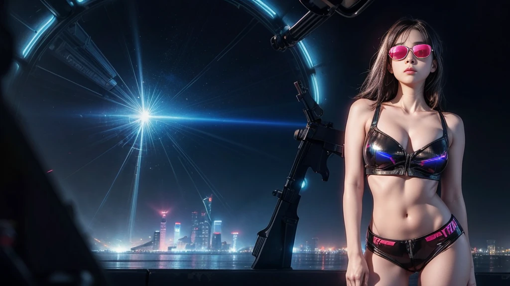 8k, Realistic Skin Texture, Realistic Photo, Neo Tokyo, slim women, large-breast:1.4 cleavage:1.3, AD2050 at night, Dirty hunting jacket, Wearing tube top, miniskirt, (((black sunglasses, automatic rifle, sneakers, cold, shooting pose, very low angle view))), Innovative composition, revenge, cyberpunk, blade runner worldview, Large neon sign, Geisha hologram sign, Strong Wakamoto Sign.