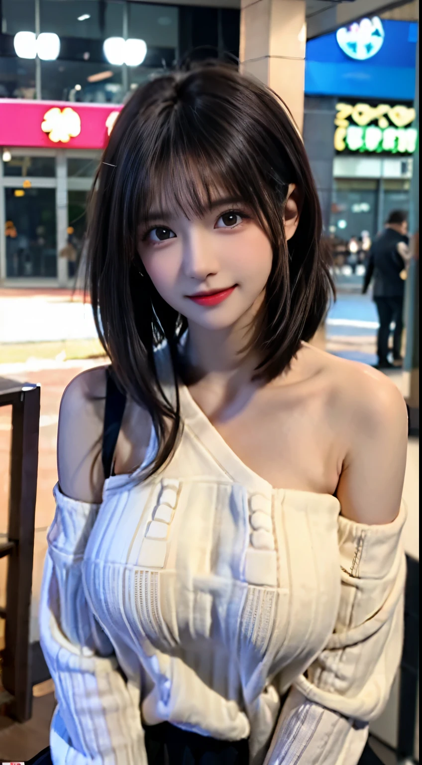 (logo, masterpiece, 8K, Tabletop, RAW Photos, wonderful, 最high quality, Photorealistic and very detailed CG composite 8k wallpaper, high quality, Very detailed, Narrative poem, Particle Effects, Dynamic Effects, Depth of the Boundary, Cinematic Light, Lens flare, Ray Tracing), short hair beautiful young woman, Hair tied back, high detail skin, very fine, fine skin texture, beautiful face, realistic eyes, beautifully detailed eyes, realistic skin, beautiful skin, surreal, smiling eyes, Hair and light eyes, Vibrant, Colorful lights and bokeh. The lighting casts a warm glow on her face and hair, Blue glow, Water surface reflection, Creates a dreamy and magical atmosphere, Big Breasts, Brown Hair, short hair, plump lower lip, pink blush on the cheeks , pink lips, brown tight no-shoulder knit sweater