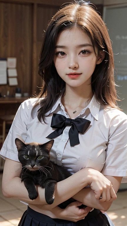 j-pop,hot asian girl,solo,,school_uniform,,smile,breast,holding cats, high resolution,masterpiece,detailed background, sweat,sexy pose,(masterpiece, best quality,ultra-detailed:1.2),