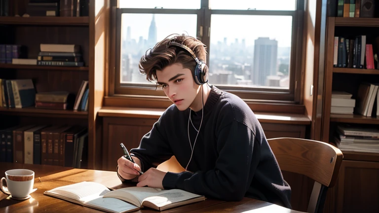 little boy, 18-years old, light brown hair, rebels, eyes browns, estilo rebelde, James Dean style, wearing headphones and writing in notebook at his study desk, in your room, next to large window overlooking the city. On the table there are 2 books and a cup of tea, and an open laptop, your little cat and a shelf with books
