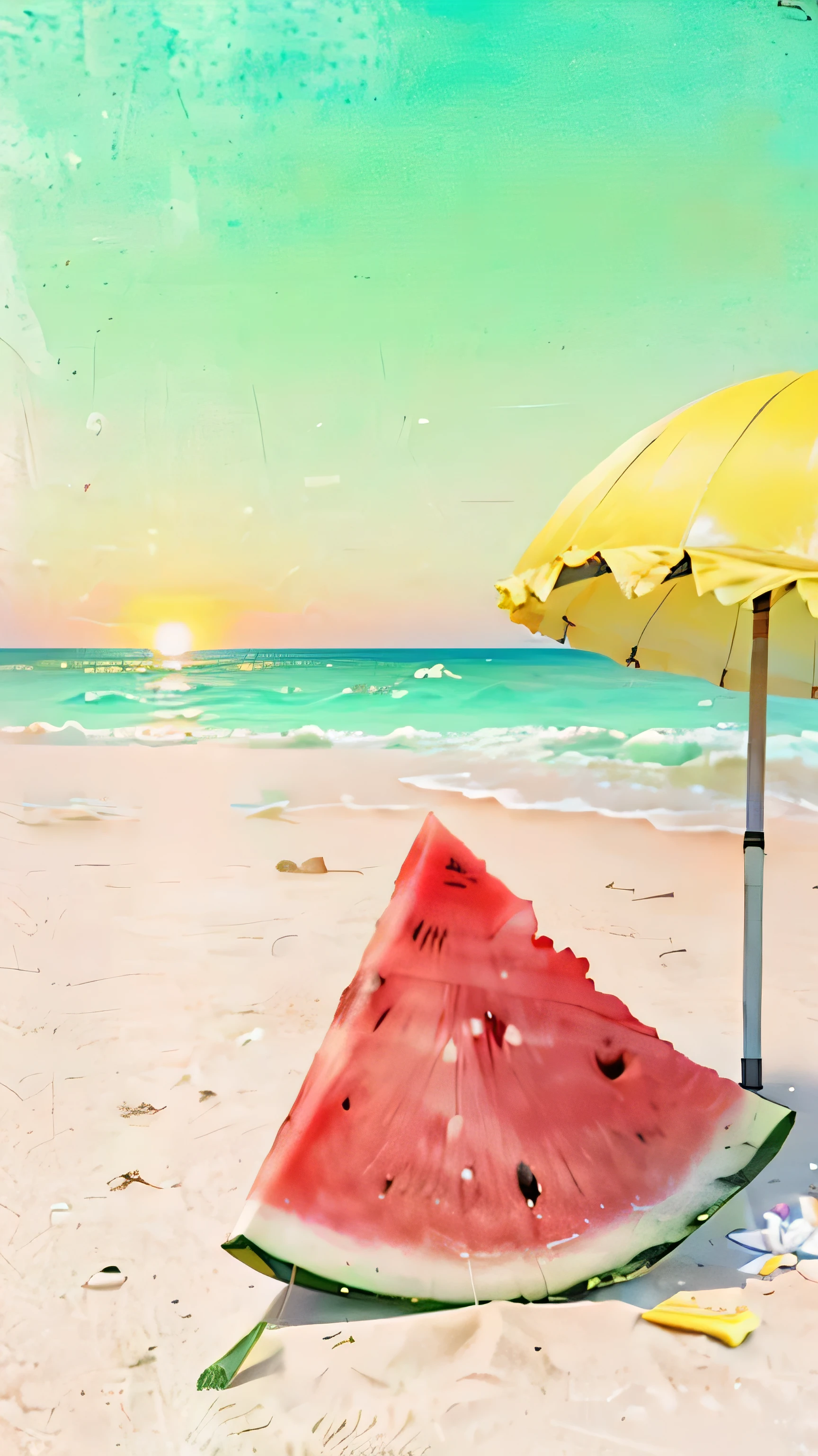 There is a piece of watermelon under a yellow umbrella on the beach，The sun rises from the sea，The sky is blue