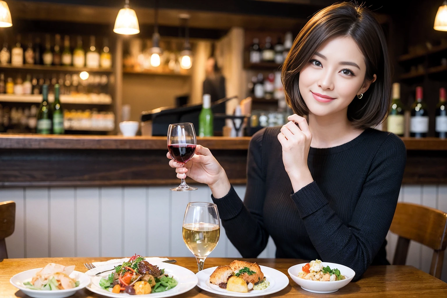 ((Highest quality、8K、masterpiece:1.3))、Yuuko Araki、slimカップル、ピンクmodelカップル、(Realistic, Intricate details:1.2), full-course dinner、Wine Party、Amazing view of the sunset sky and clouds、A bright smile、The wonderfulness of smile、Bright image、The beauty of wine, Beautiful Face, blue eyes, The light shines on your face, Blushing, short hair,Bright Face、42 years old,45 years old, red wine 、Appetizers、Italian food、Wine bottle、Champagne、sparkling wine、Two beauties、Brown Hair、Shortcuts、Long sleeve shirt、dress、Beautiful woman 1, (slimな顔), (The body is slim), (Brown Hair), (Shortcuts), cheeks turn a little red,Attractive beauty、restaurant, In a prominent place (From the waist up) Nova Frog Style, actress, model, Upper Body, White wine, slim, wine glass, 中央に置かれたwine glass, smile, (smile: 1.15), Beautiful fine grain, Depth f/2,saturation, High Contrast, Strong light and shadow,Moist Body:1.5、3D texture、Delicate eyes、Brown Hair、The hair is very shiny、