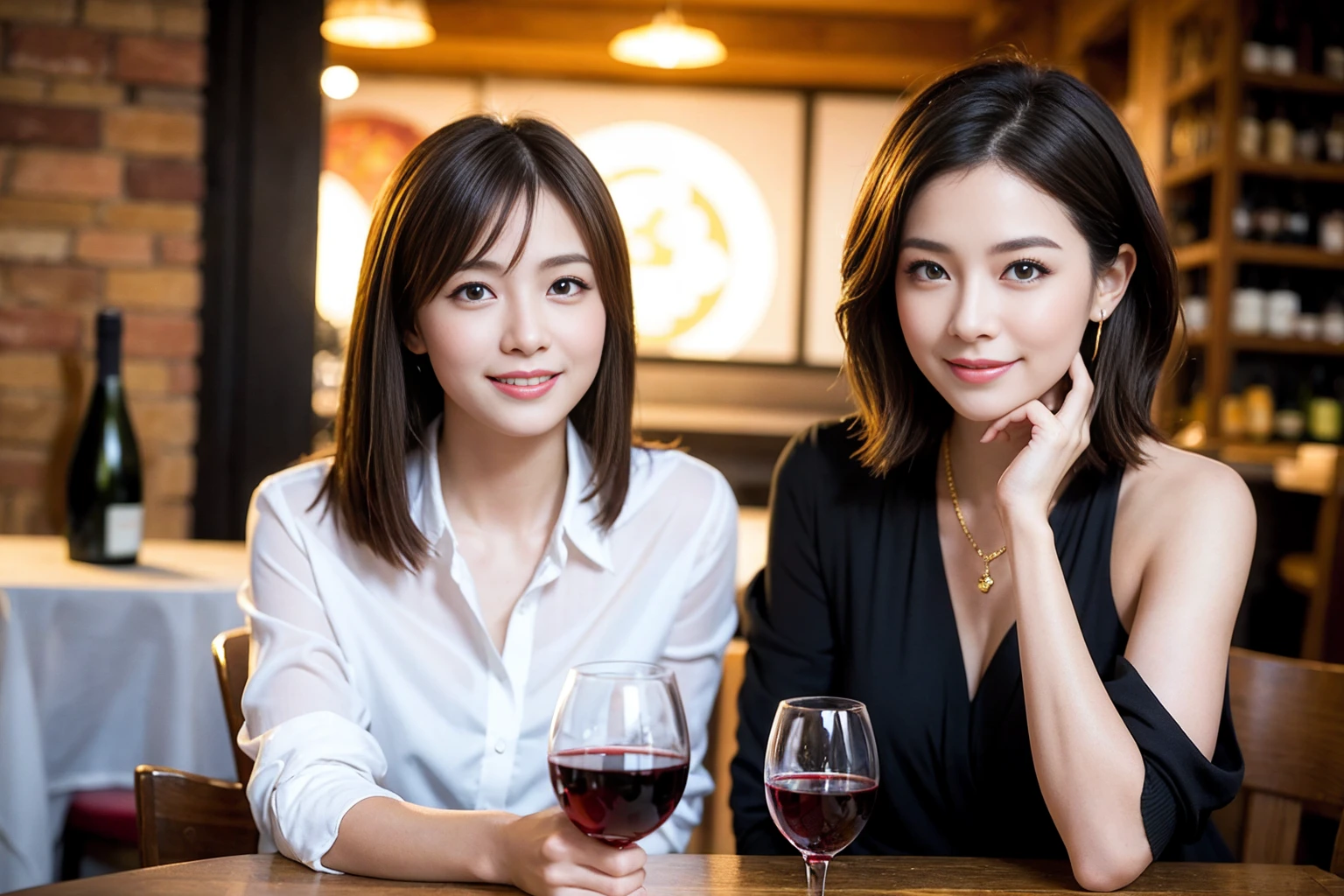 ((Highest quality、8K、masterpiece:1.3))、Yuuko Araki、slimカップル、ピンクmodelカップル、(Realistic, Intricate details:1.2), full-course dinner、Wine Party、Amazing view of the sunset sky and clouds、A bright smile、The wonderfulness of smile、Bright image、The beauty of wine, Beautiful Face, blue eyes, The light shines on your face, Blushing, short hair,Bright Face、42 years old,45 years old, red wine 、Appetizers、Italian food、Wine bottle、Champagne、sparkling wine、Two beauties、Brown Hair、Shortcuts、Long sleeve shirt、dress、Beautiful woman 1, (slimな顔), (The body is slim), (Brown Hair), (Shortcuts), cheeks turn a little red,Attractive beauty、restaurant, In a prominent place (From the waist up) Nova Frog Style, actress, model, Upper Body, White wine, slim, wine glass, 中央に置かれたwine glass, smile, (smile: 1.15), Beautiful fine grain, Depth f/2,saturation, High Contrast, Strong light and shadow,Moist Body:1.5、3D texture、Delicate eyes、Brown Hair、The hair is very shiny、