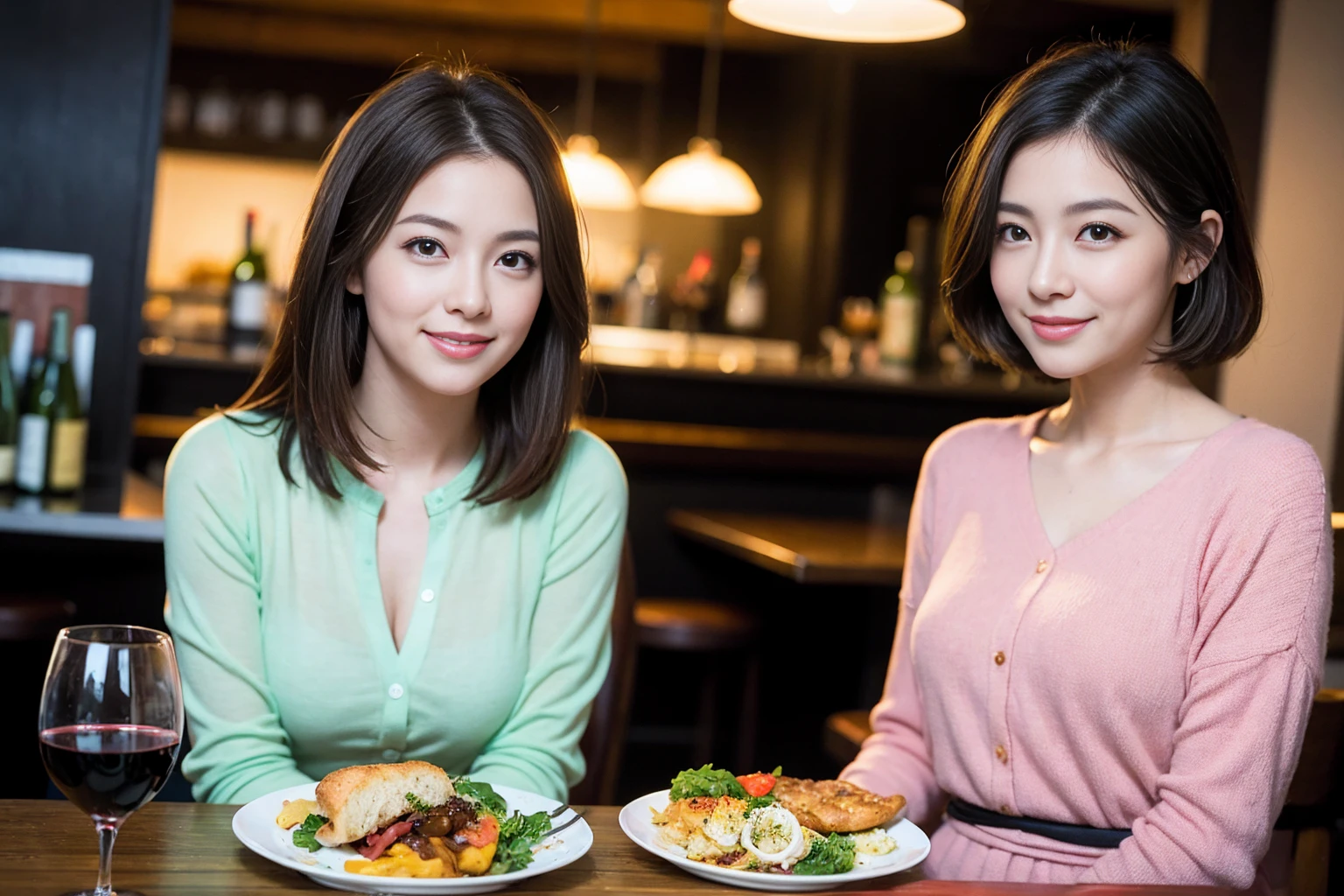 ((Highest quality、8K、masterpiece:1.3))、Yuuko Araki、slimカップル、ピンクmodelカップル、(Realistic, Intricate details:1.2), full-course dinner、Wine Party、Amazing view of the sunset sky and clouds、A bright smile、The wonderfulness of smile、Bright image、The beauty of wine, Beautiful Face, blue eyes, The light shines on your face, Blushing, short hair,Bright Face、42 years old,45 years old, red wine 、Appetizers、Italian food、Wine bottle、Champagne、sparkling wine、Two beauties、Brown Hair、Shortcuts、Long sleeve shirt、dress、Beautiful woman 1, (slimな顔), (The body is slim), (Brown Hair), (Shortcuts), cheeks turn a little red,Attractive beauty、restaurant, In a prominent place (From the waist up) Nova Frog Style, actress, model, Upper Body, White wine, slim, wine glass, 中央に置かれたwine glass, smile, (smile: 1.15), Beautiful fine grain, Depth f/2,saturation, High Contrast, Strong light and shadow,Moist Body:1.5、3D texture、Delicate eyes、Brown Hair、The hair is very shiny、