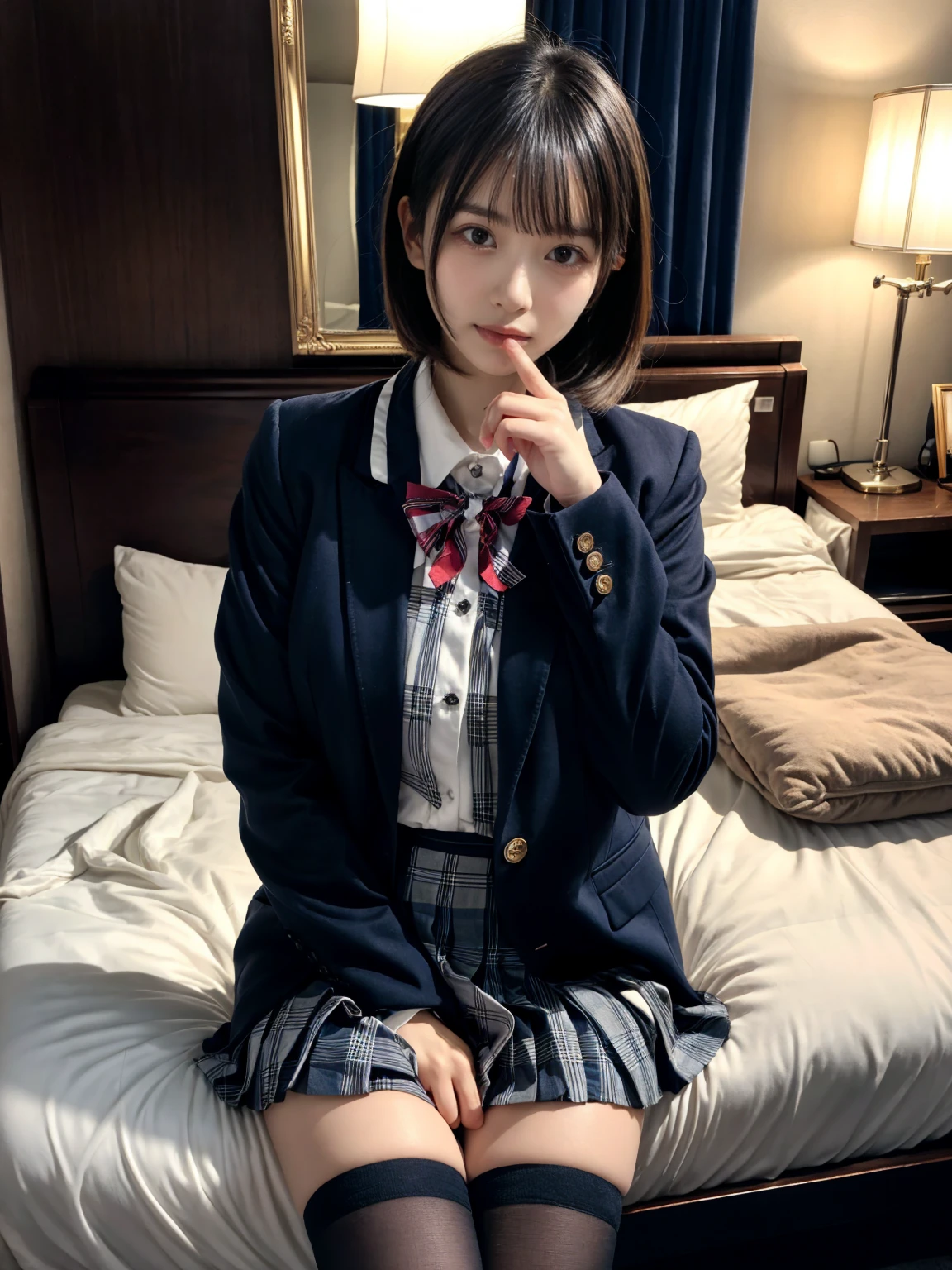 (8K, RAW Photos, Highest quality, masterpiece:1.2), masterpiece, super detailed, super high quality, (Realistic and photorealistic photography:1. 37), High-resolution RAW color photos, Very delicate and beautiful, highly detailed, 8k wallpaper, wonderful, detailed, Very eye, very detailed, very detailed skin, very thin fingers, very detailed nose, very detailed mouth, Perfect Anatomy, BREAK, (2 girls, japanesgirls:1.2), Colossal tits, short bob hair, black hair color, huge breasts, very huge round breasts, Beautiful makeup, glitter makeup, Big Natural Color Lip, perfect body shape, crying a little, beautiful legs, Voluptuous thighs, BREAK, High school girl uniform, blazer, Super Short Check Uniform Skirt, Navy blue high socks, BREAK, The background is a luxury hotel room