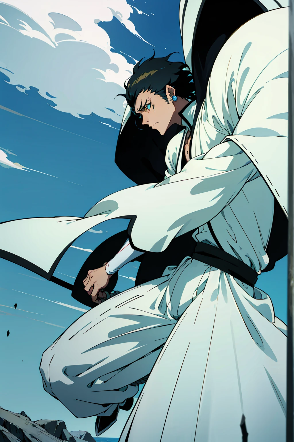 1male, Young Adult, Short Hair, Black Colored Hair, Yellow Highlights, Two Toned Hair, Sky Blue Eyes, Bleach, Hueco Mundo, Arrancar Clothing, Sunny, Muscular, White Coat, Detailed Eyes, Wavy Hair, Earring