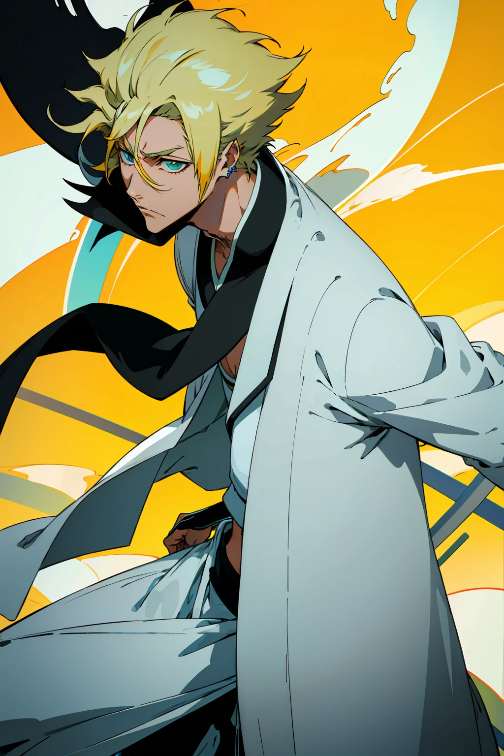 1male, Young Adult, Short Hair, Black Colored Hair, Yellow Highlights, Two Toned Hair, Sky Blue Eyes, Bleach, Hueco Mundo, Arrancar Clothing, Sunny, Muscular, White Coat, Detailed Eyes, Wavy Hair, Earring