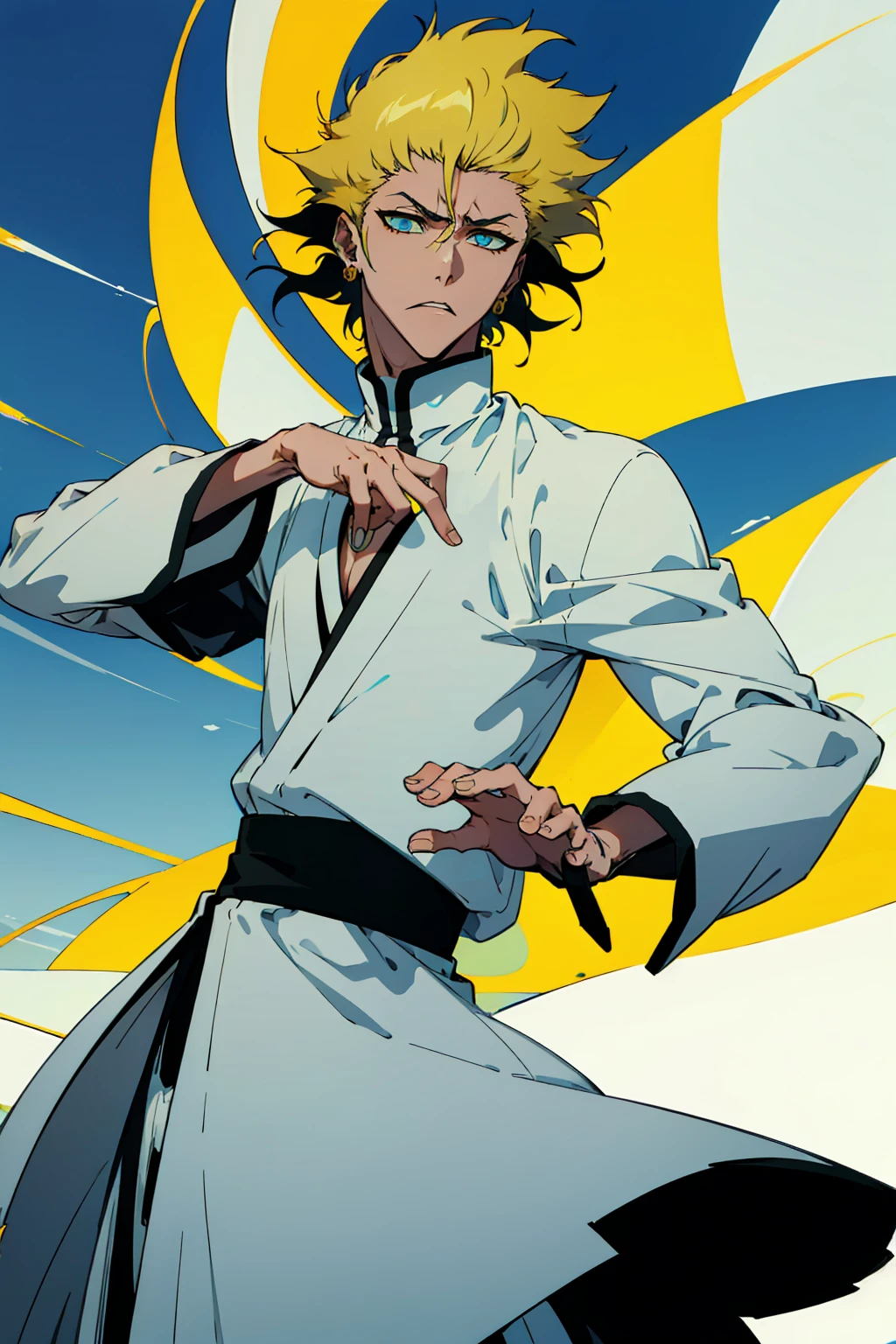 1male, Young Adult, Short Hair, Black Colored Hair, Yellow Highlights, Two Toned Hair, Sky Blue Eyes, Bleach, Hueco Mundo, Arrancar Clothing, Sunny, Muscular, White Coat, Detailed Eyes, Wavy Hair, Earring