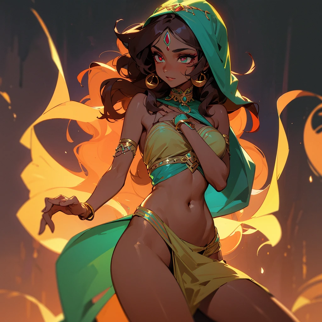 a female character, very beautiful, with a sexy body, wearing a GALABIA belly dancing dress, dark skin, dark and long curly hair with red highlights, her face with very heavy makeup, with a penetrating and enigmatic look, her eyes are It has a deep turquoise green color, its brown skin is tanned.