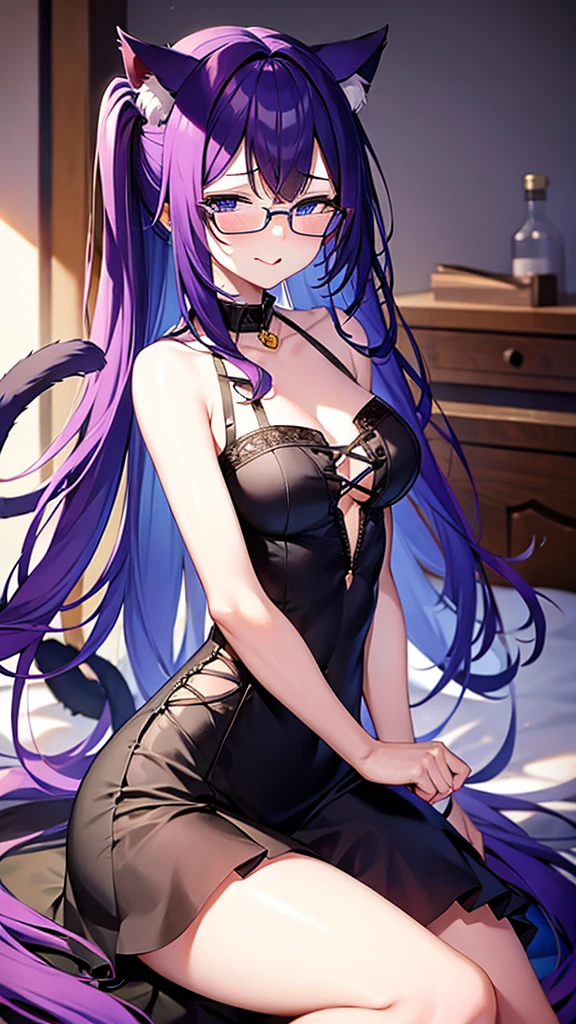 (Masterpiece), (best quality), Cat girl in her 20s, long hair, dark purple hair, chest, blue eyes, cat ears and cat tail, round glasses, sticking out tongue.