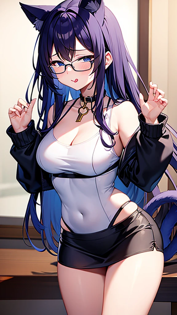 ( Shark, furry, anthropomorphic, female, blue skin, whole body, Best quality, human like body figure), bedroom background, inside, pulled down black jogging shorts, Furry art, furry arms, big grey shark tail, Big floofy tail, black fur legs, Noon, blue hair, wearing glasses, Bigger thighs, Bigger chest, blushed, gas air effect, hearts, pleasure face, sfw, topless, breasts, hand touching crotch, revealing shorts