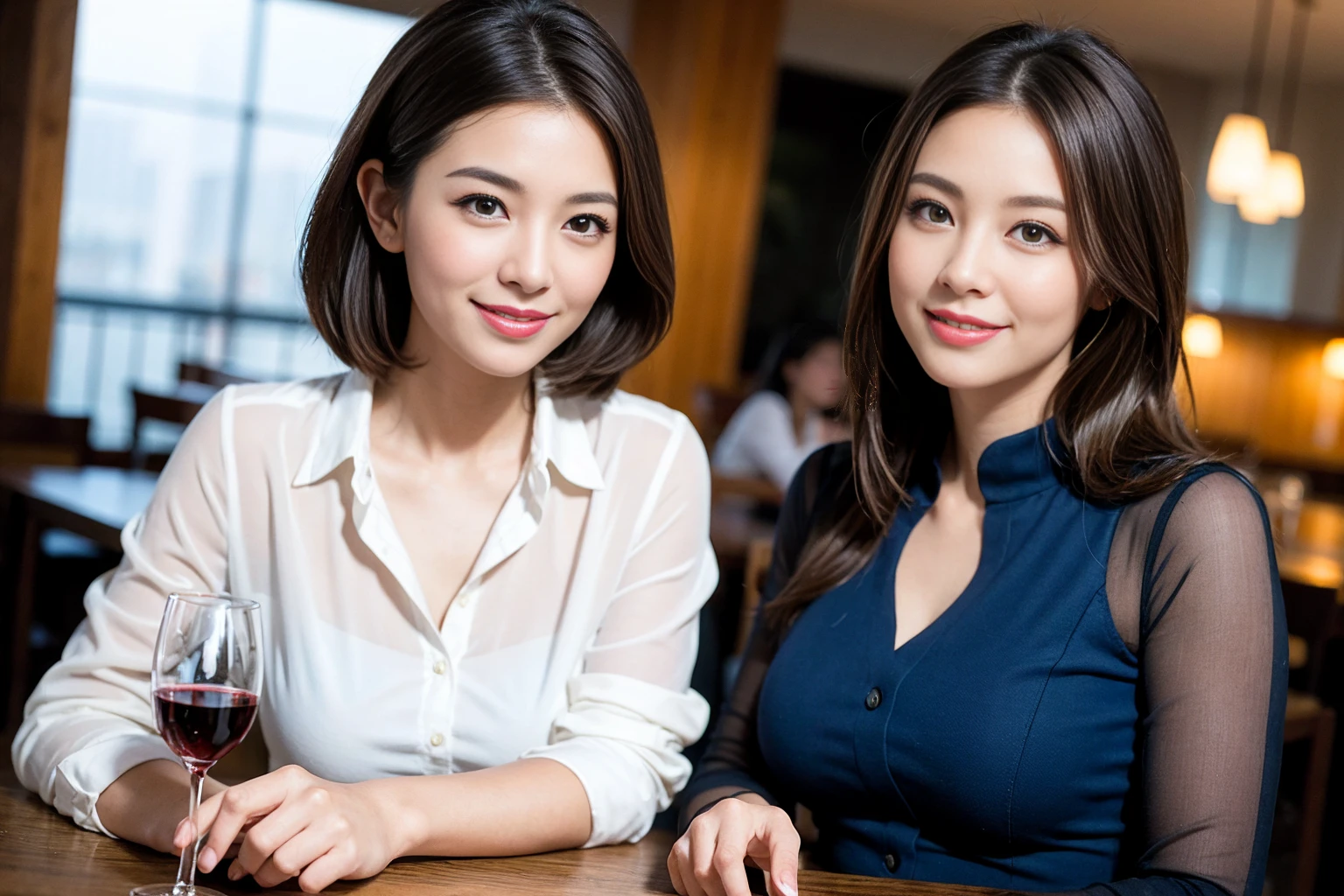 ((Highest quality、8K、masterpiece:1.3))、Yuuko Araki、slimカップル、ピンクmodelカップル、(Realistic, Intricate details:1.2), full-course dinner、Wine Party、Amazing view of the sunset sky and clouds、A bright smile、The wonderfulness of smile、Bright image、The beauty of wine, Beautiful Face, blue eyes, The light shines on your face, Blushing, short hair,Bright Face、42 years old,45 years old, red wine 、Appetizers、Italian food、Wine bottle、Champagne、sparkling wine、Two beauties、Brown Hair、Shortcuts、Long sleeve shirt、dress、Beautiful woman 1, (slimな顔), (The body is slim), (Brown Hair), (Shortcuts), cheeks turn a little red,Attractive beauty、restaurant, In a prominent place (From the waist up) Nova Frog Style, actress, model, Upper Body, White wine, slim, wine glass, 中央に置かれたwine glass, smile, (smile: 1.15), Beautiful fine grain, Depth f/2,saturation, High Contrast, Strong light and shadow,Moist Body:1.5、3D texture、Delicate eyes、Brown Hair、The hair is very shiny、