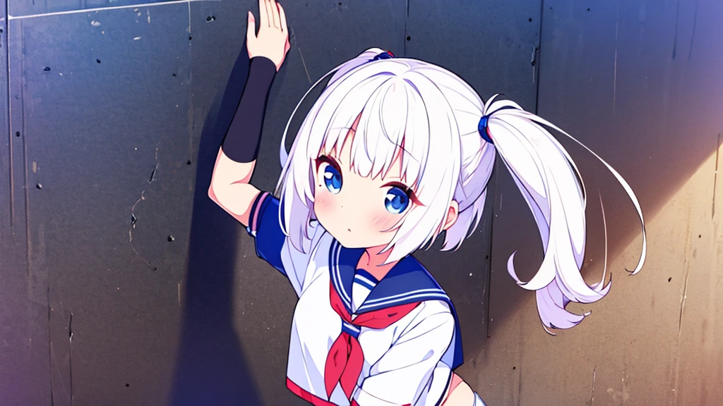 school gymnasium　primary school girl　
8 years　by plan　long white hair blue eyes white are （（1 person））　White Sailor Uniform Half Sleeve Top　Navy blue underbody mini skirt（（White panties are visible.））　black socks　sneakers　stand next to the wall　Open your legs a little　I can see white panties　dynamic angle　center of upper body　
