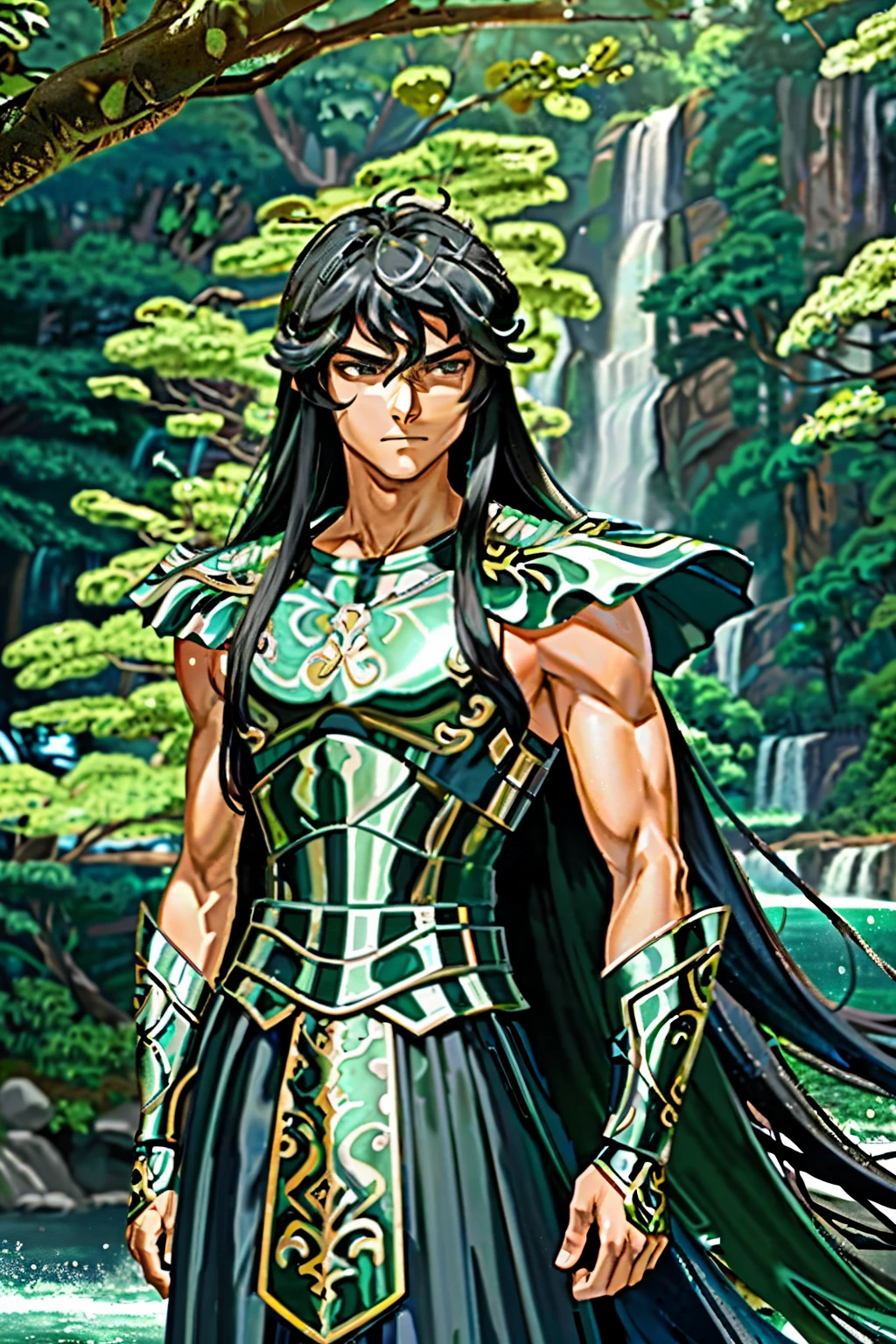 first work of xxshiryudragonxx, highly detailed 8k photorealistic raw photo, best cinematographic quality, armors, Bblack hair, eyes browns, clavicle, whole body, nude body, greenery background, long hair, male focus, simple background, standing alone, standing, dragon in the background
(waterfall background:1.2)