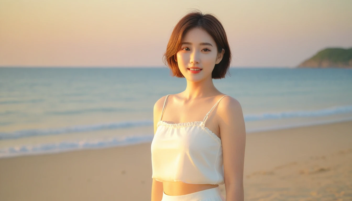 Beautiful Korean Woman, Chest size 34 inches, wear a light skirt, Looking at the sea from the beach at sunset. beautiful pretty woman look , wearing a light skirt , burning sunset light, short medium hair, 1 woman, beautiful eyes, A slight smile, uhd