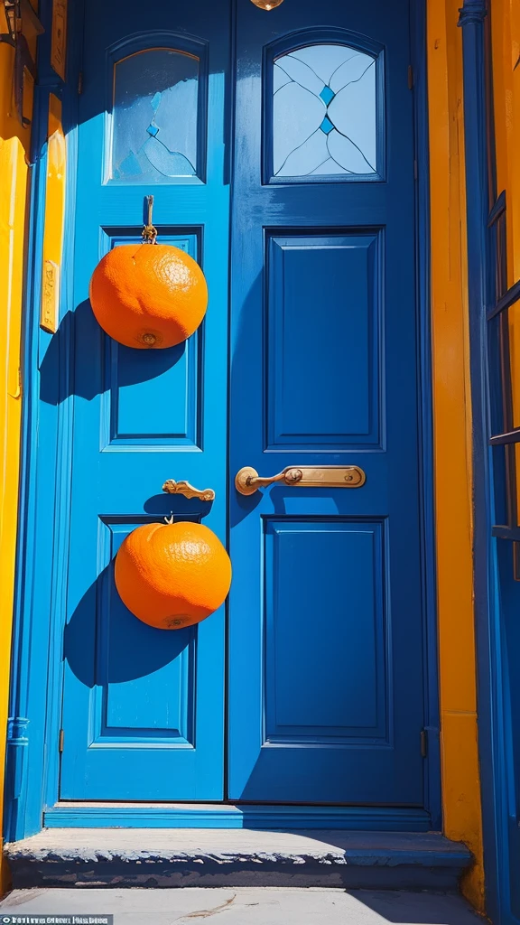 (masterpiece,Highest quality:8K) there is a blue door with a tree and oranges on it, blue and yellow theme, blue color theme, blue door, blue and yellow color theme, magical colours and atmosphere, magical colors and atmosphere, blue themed, blue theme, incredible colors, blue colors, azure tones, vibrant but dreary blue, blue colours, details and vivid colors, rich blue colors