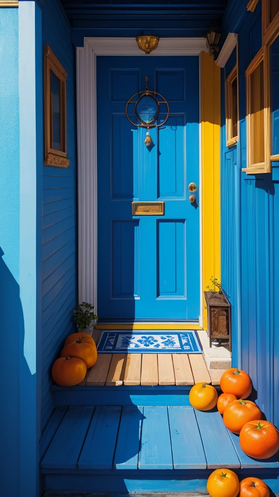 (masterpiece,Highest quality:8K) there is a blue door with a tree and oranges on it, blue and yellow theme, blue color theme, blue door, blue and yellow color theme, magical colours and atmosphere, magical colors and atmosphere, blue themed, blue theme, incredible colors, blue colors, azure tones, vibrant but dreary blue, blue colours, details and vivid colors, rich blue colors