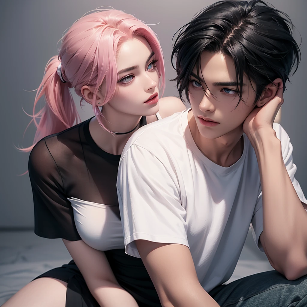 A tall handsome young man with long black hair gathered in a tight ponytail, short bangs and black eyes, he is wearing a white T-shirt and white jeans, he hugs an incredibly beautiful femme fatale young woman, she has a pink hair with a very short haircut standing next to him, she has brilliant green eyes, She is wearing a simple black dress. Masterpiece, perfect image, realistic pictures, detailed face study, full-length image, 8k, detailed image. an extremely detailed illustration, a real masterpiece of the highest quality, with careful drawing. Sasuke Uchiha and Sakura Haruno