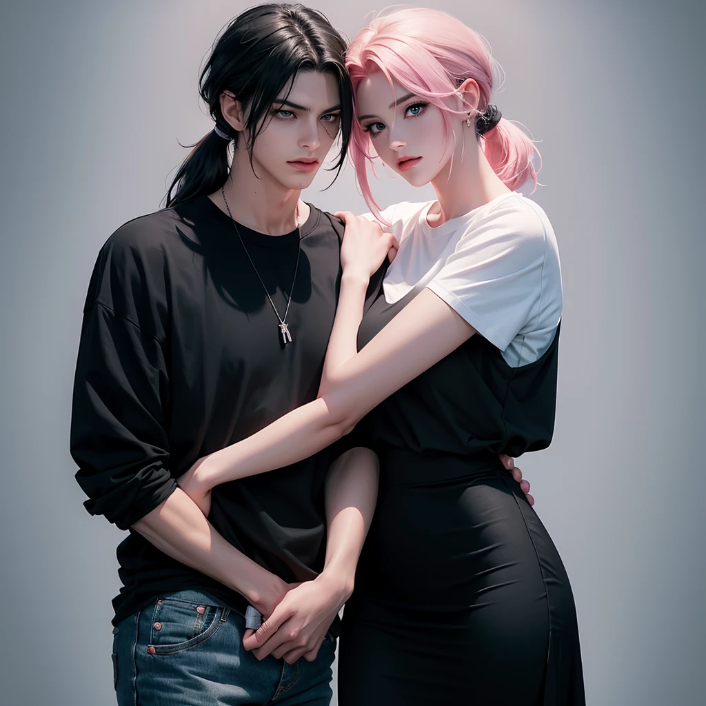 A tall handsome young man with long black hair gathered in a tight ponytail, short bangs and black eyes, he is wearing a white T-shirt and white jeans, he hugs an incredibly beautiful femme fatale young woman, she has a pink hair with a very short haircut standing next to him, she has brilliant green eyes, She is wearing a simple black dress. Masterpiece, perfect image, realistic pictures, detailed face study, full-length image, 8k, detailed image. an extremely detailed illustration, a real masterpiece of the highest quality, with careful drawing. Sasuke Uchiha and Sakura Haruno