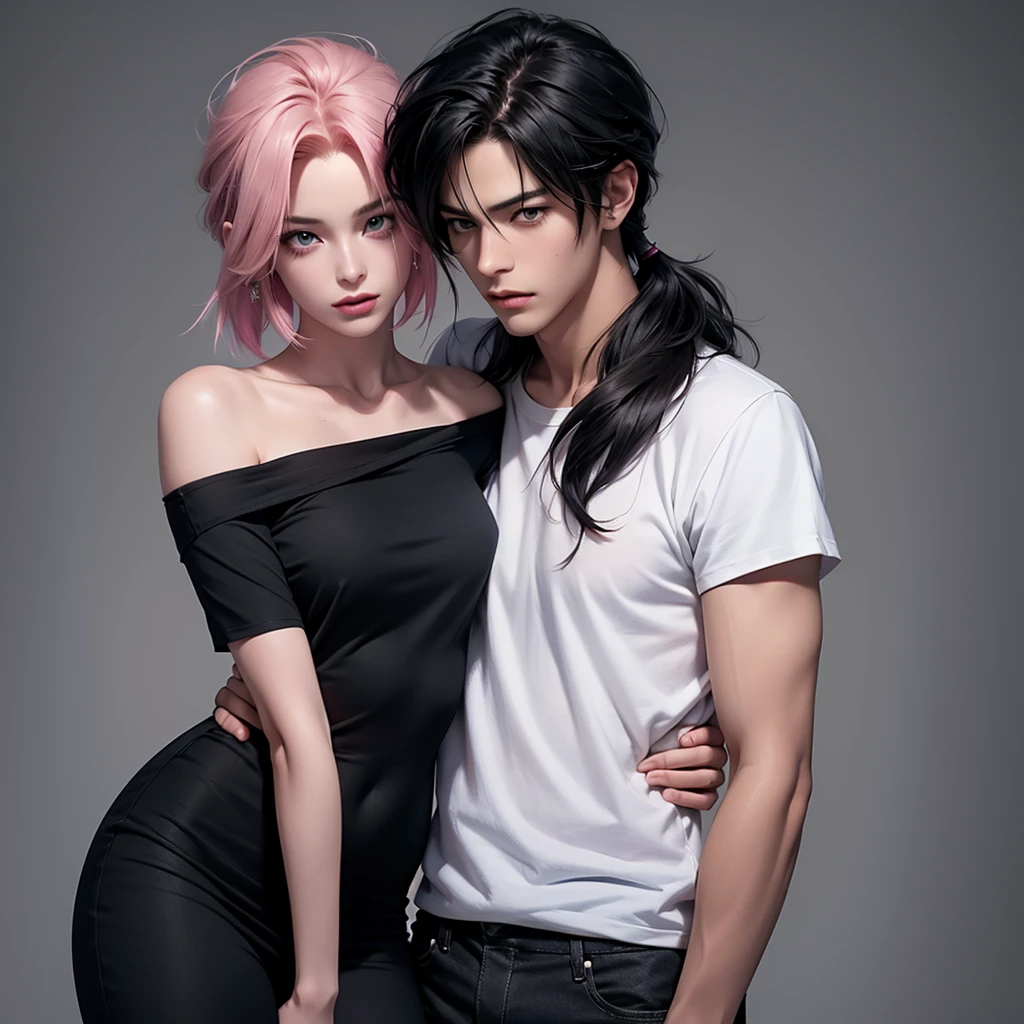 A tall handsome young man with long black hair gathered in a tight ponytail, short bangs and black eyes, he is wearing a white T-shirt and white jeans, he hugs an incredibly beautiful femme fatale young woman, she has a pink hair with a very short haircut standing next to him, she has brilliant green eyes, She is wearing a simple black dress. Masterpiece, perfect image, realistic pictures, detailed face study, full-length image, 8k, detailed image. an extremely detailed illustration, a real masterpiece of the highest quality, with careful drawing. Sasuke Uchiha and Sakura Haruno