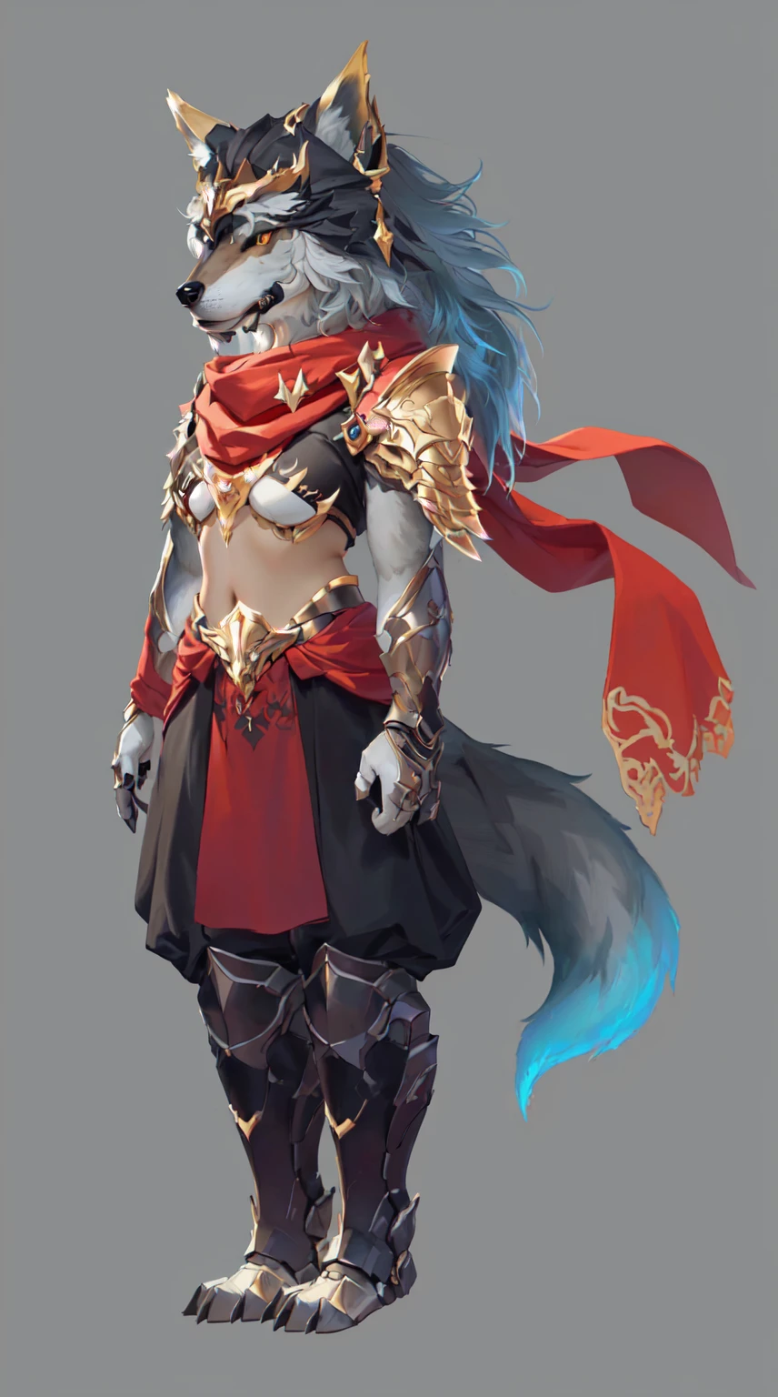 Close-up of a person wearing a costume with a wolf, Fox-inspired armor, detailed Whole body concept, Whole body concept, Female anthropomorphic wolf, detailed Whole body concept art, Anthropomorphic wolf man, Anthropology Concept Art, Concept art style, Wolf Armor, Full body character concept, Furry Characters, Detailed character art