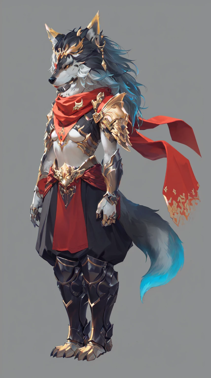Close-up of a person wearing a costume with a wolf, Fox-inspired armor, detailed Whole body concept, Whole body concept, Female anthropomorphic wolf, detailed Whole body concept art, Anthropomorphic wolf man, Anthropology Concept Art, Concept art style, Wolf Armor, Full body character concept, Furry Characters, Detailed character art
