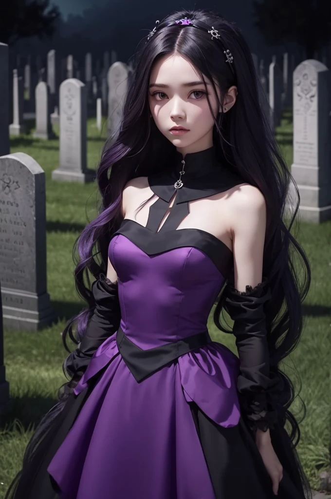 a girl with long presto hair half woman half skull wearing a purple and black dress in a dark cemetery In animation